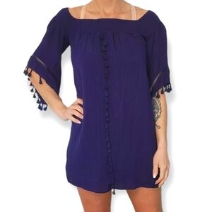 *NWT Love Fire Dress Small Blue Tassels Mini Long Bell Sleeve